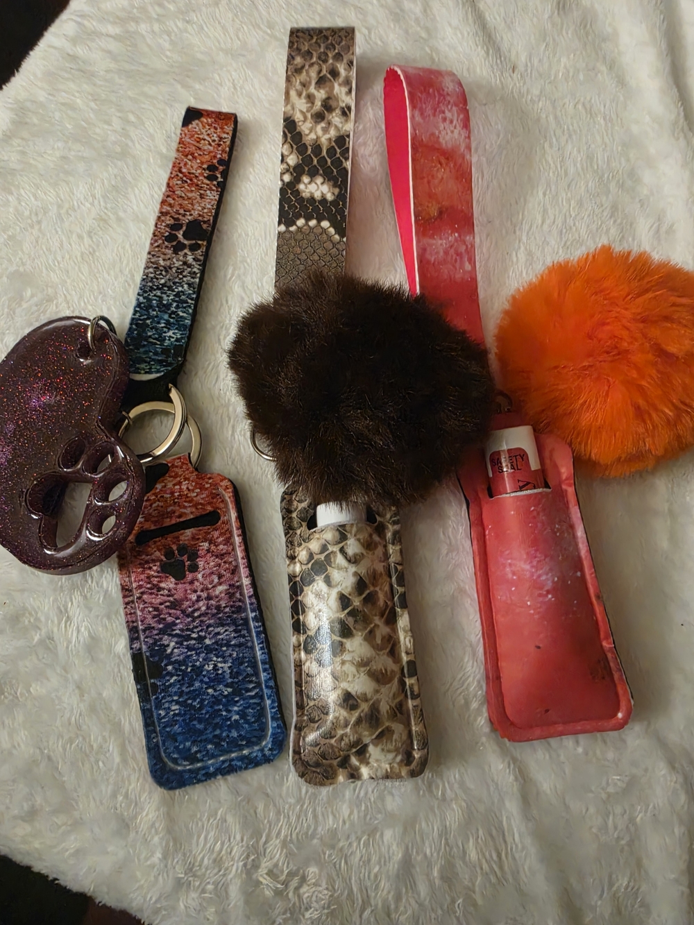 Women’s Pom Pom Key & Card Holder Trio - Blue, Brown, Pink with Orange Accent